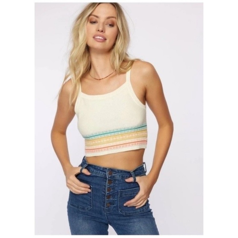 O'Neill Cream Cropped Tank with Rainbow Stripe Hem